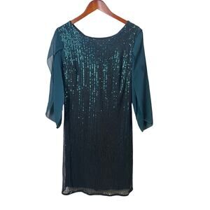Grace Karin Women's Green Sequin Fly-Away Chiffon Sleeve Dress Size Medium